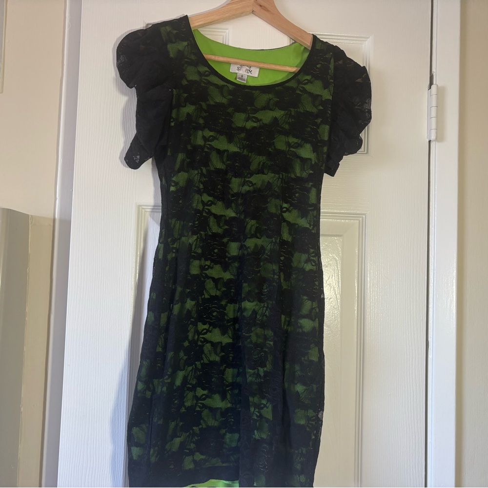 Sweet Storm Black and Green Lace Mini Dress